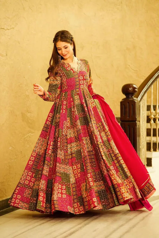 Multi Printed Designer Silk Embroidery Work Gown For Party