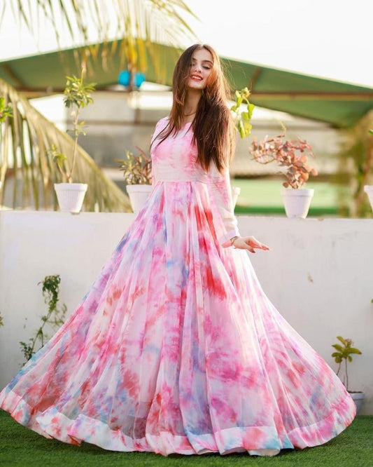 Pure Cotton Silk Hand Printed Designer Pink Gown