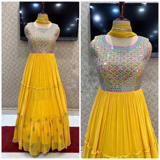 Pure Georgette Yellow Color Embrodiery Work Designer Gown