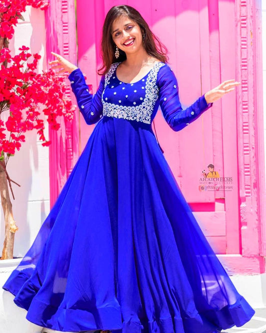 Hand Work Latest Designer Heavy Work Blue Gown