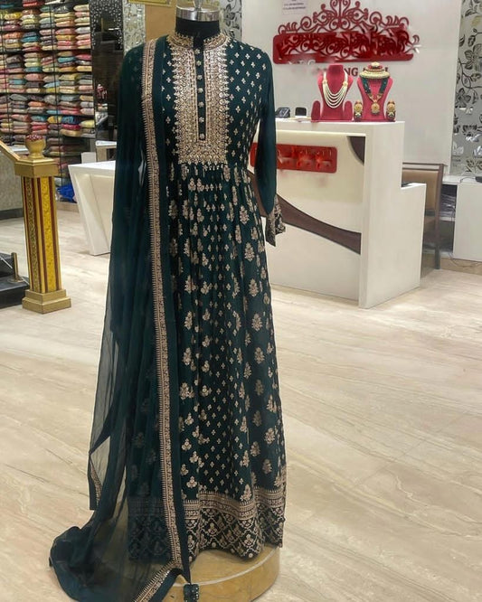 Green Color Handwork  Round Flair Gown For Women