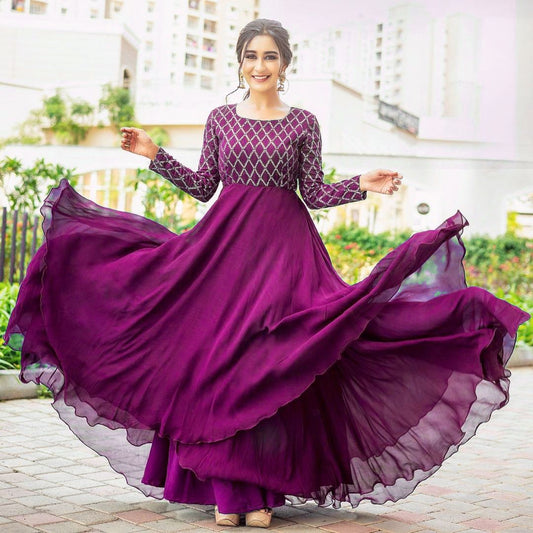 Kalmkari Designer Wine Color Stylish Anarkali Gown