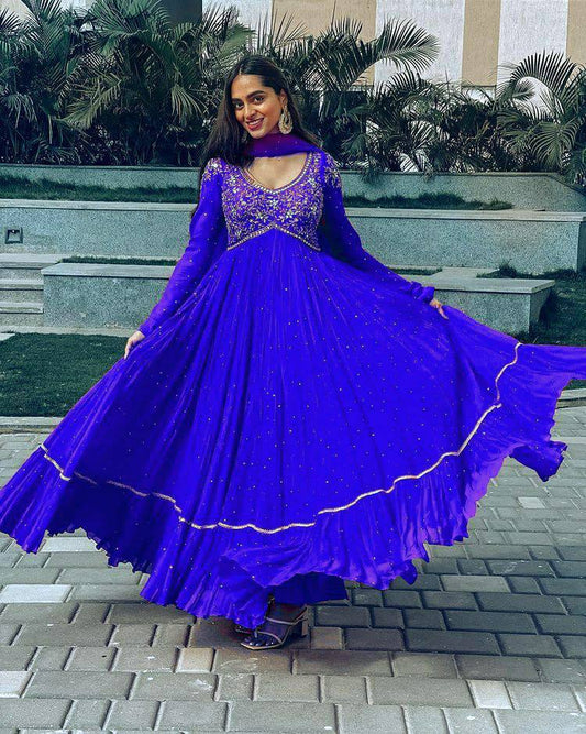 Audacious Royal Blue Color Designer Heavy Work Gown