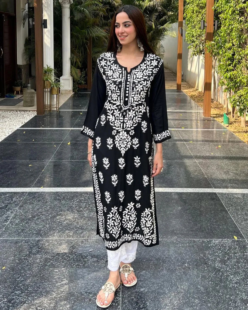 Black Color Designer Lowest Price Chikankari Work Kurta