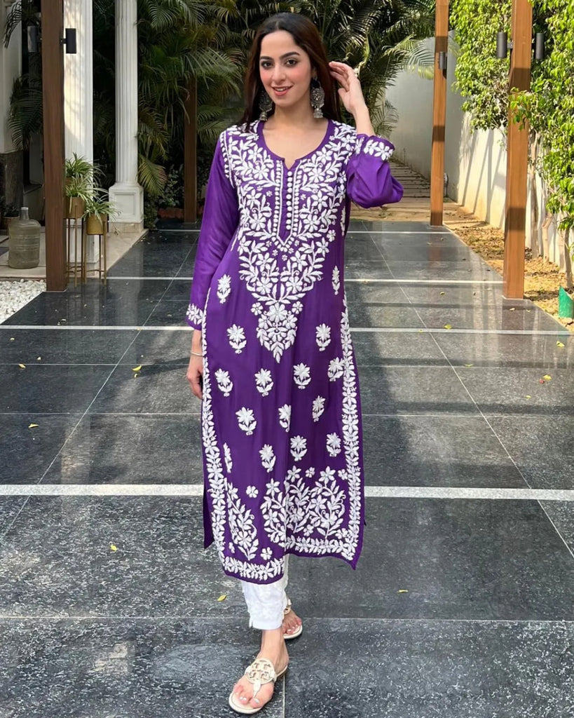 Chikankari Work Purple Color Kurta Design Online