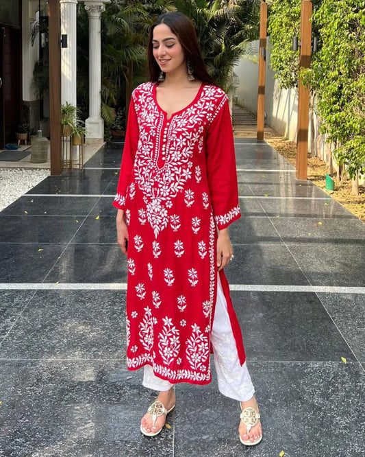 Red Color Party Wear Kurti Pent Design In Low Rate