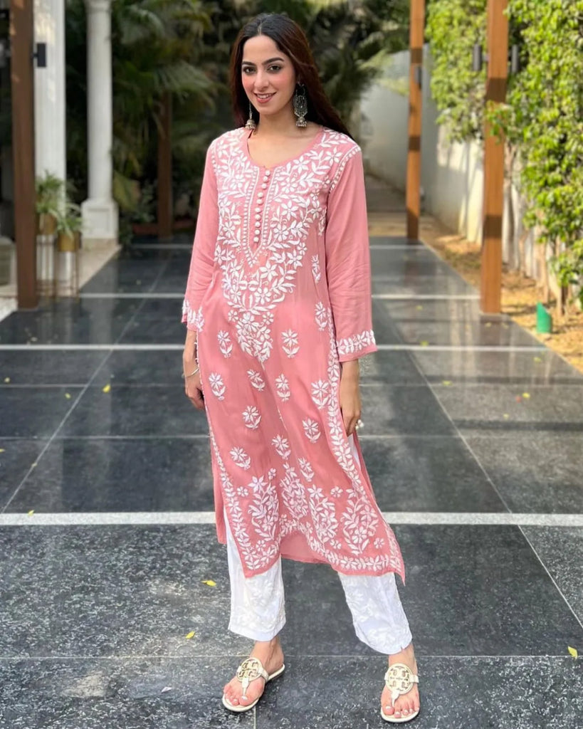 Peach Color Chikankari Work Designer Kurti Pent