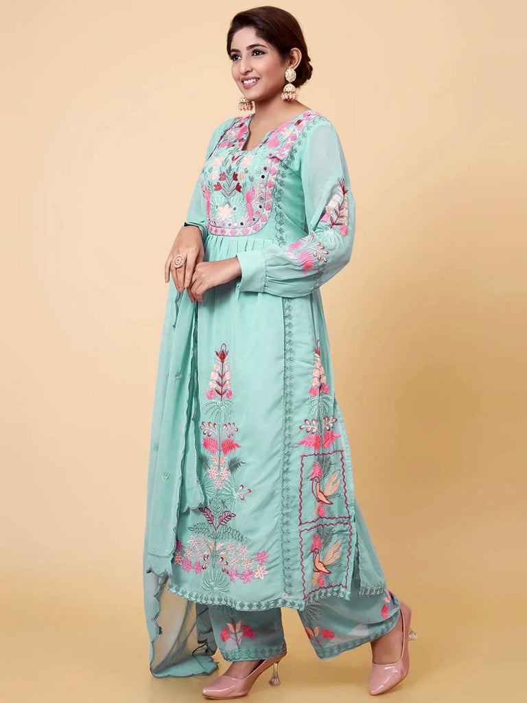 Light Blue Party Wear Embroidery Work Dress For Girls