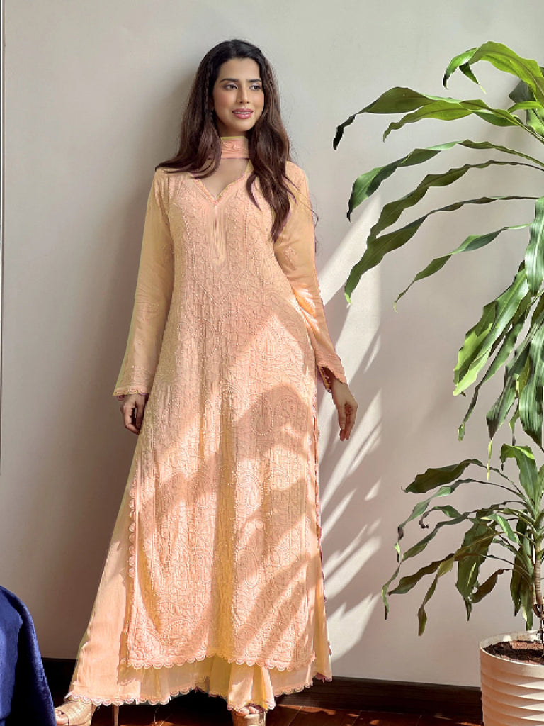 Captivating Designer Peach Color Kurta At Low Price