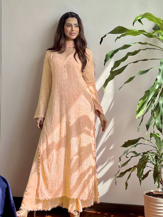 Captivating Designer Peach Color Kurta At Low Price