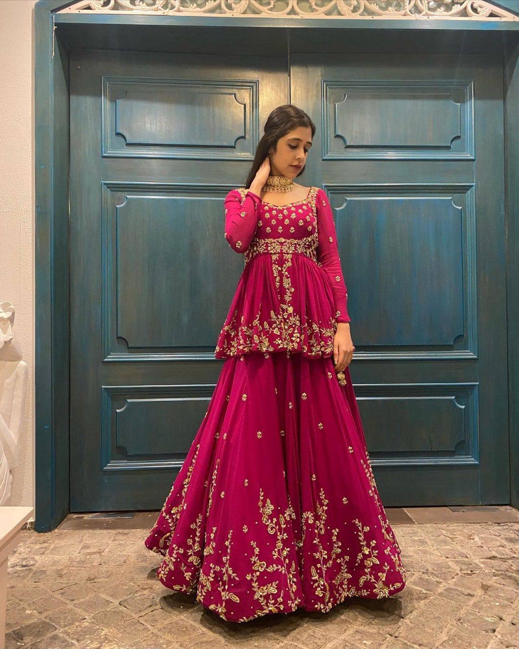 Pink Colored Designer Embroidered Top With Lehenga