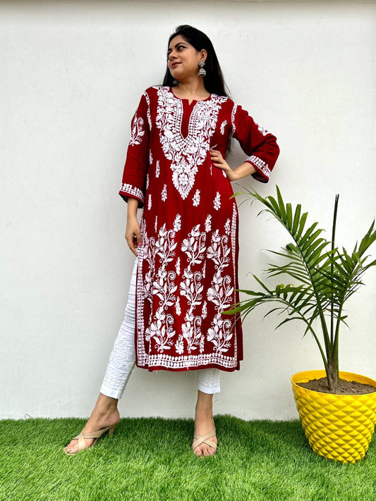 Deep Maroon Latest Collection Chikankari Work Dress