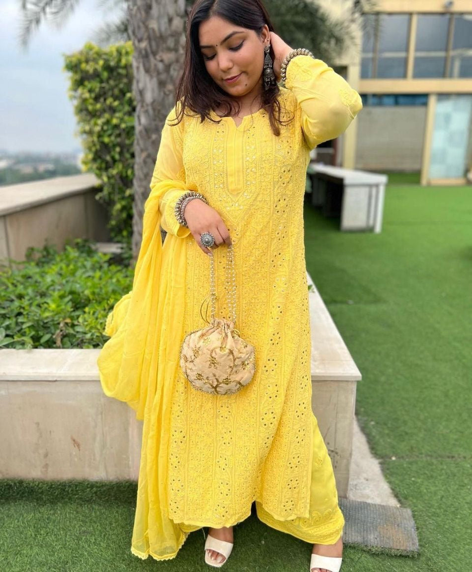 Desirable Yellow Color Party Wear Chikankari Dress